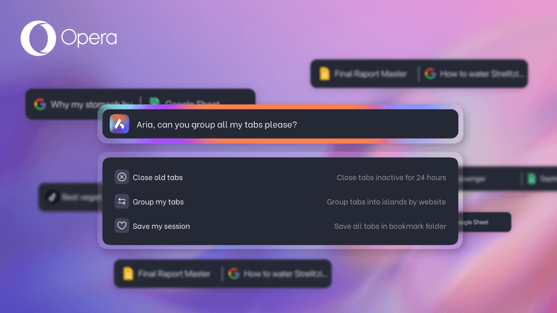 Tính năng mới của Opera cho phép bạn nhóm, ghim và đóng các tab thông qua các lệnh ngôn ngữ tự nhiên